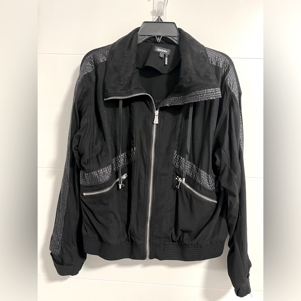 DKNY Women's Black Full-Zip Mixed Media Crop Jacket Size S